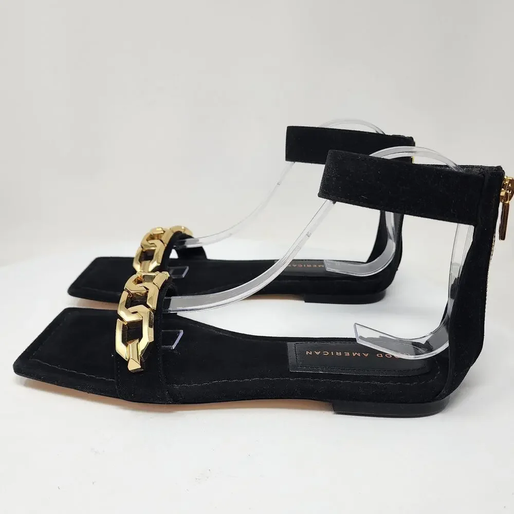 Good American Ankle Wrap Sandals Women 9 Black Suede w/ Gold Chain Detail EUC